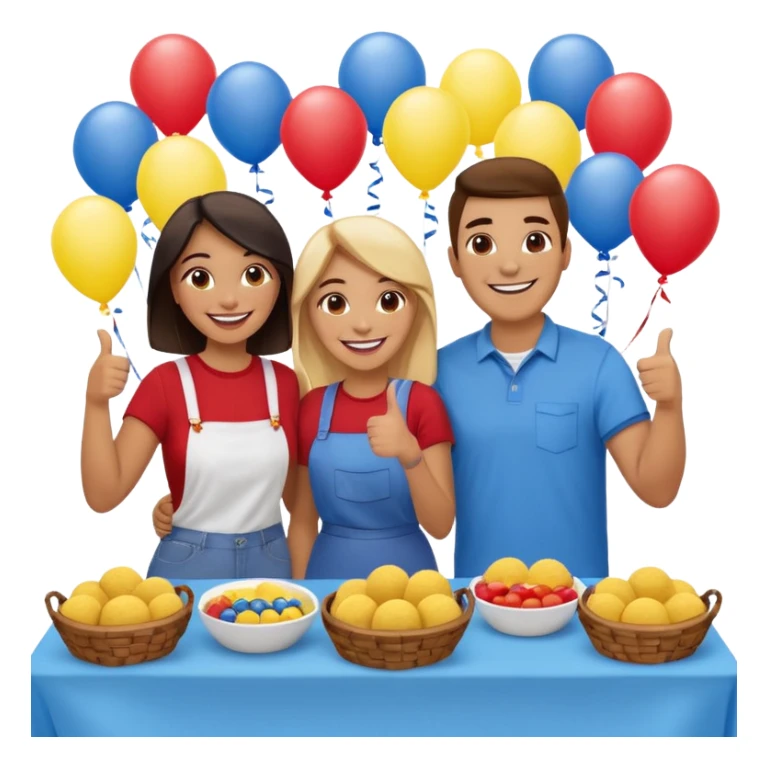 party table decorated with red blue and yellow colors, including a backdrops, balloons arch, streamers and more. On the table are intricate displays of colombian arepas, and baskets of money. In the forefront is a woman and man in simple clothing, big smiles and big thumbs up sticker