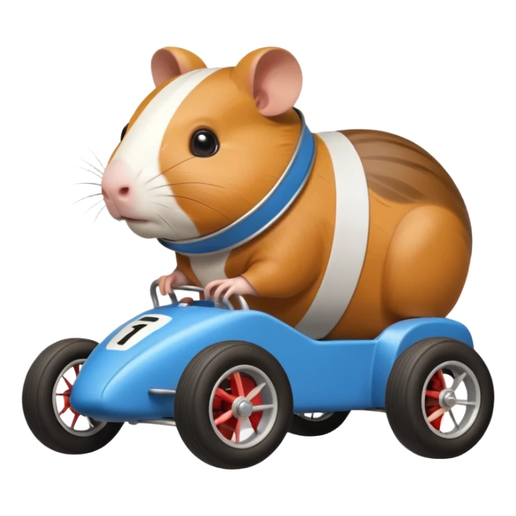 Special air-cooled three-cylinder race car whose frame and suspension is made of shopping cart material with a large rear-mounted gas tank, a soft racing seat, and rear spoiler, is being raced by a small Guinea pig sticker
