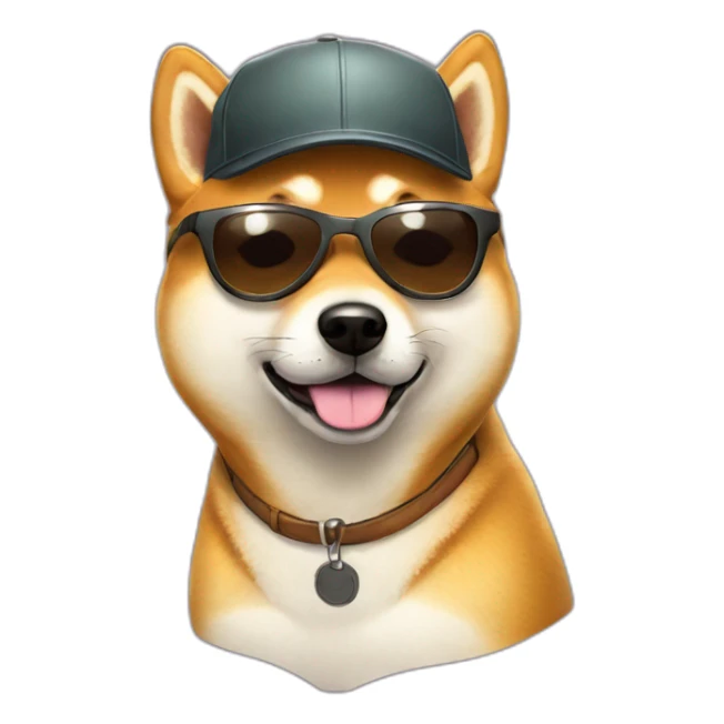 Shiba Inu in sun glasses and a cap sticker