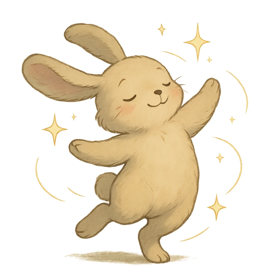 floppy bunny twirling with sparkles, soft Ghibli style sticker