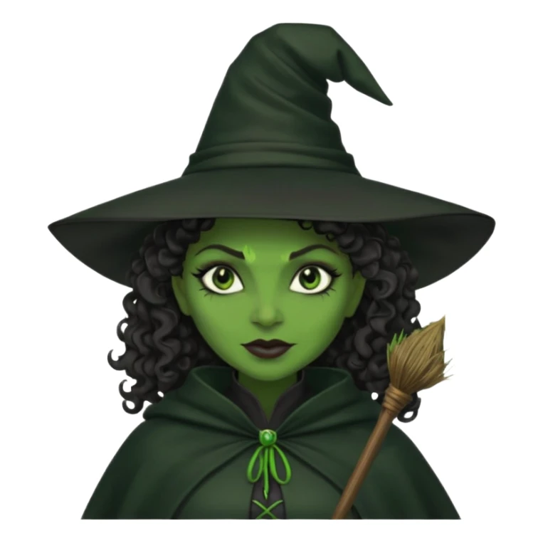 elphaba wicked witch with broom close up, evil dark curly hair, green skin, thick lips, cheekbones, smirk evil menacing cythia erivo dark aesthetic black hat cloak  sticker