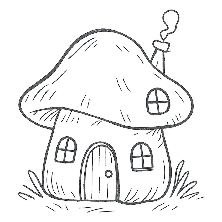 mushroom-shaped house with glowing lights, forest fairy tale style, soft hand-drawn look sticker