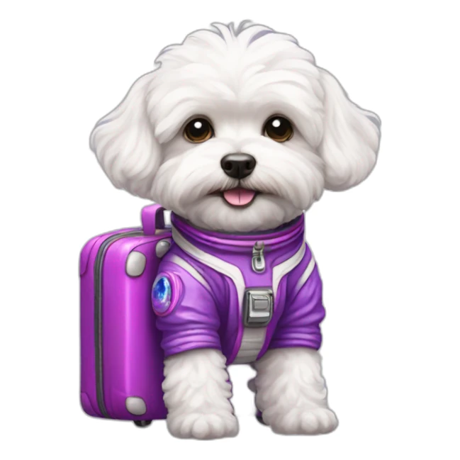 a white maltipoo as purple astronaut with a pink luggage sticker