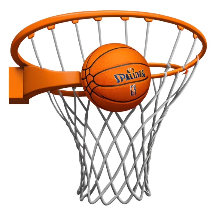 Simple orange basketball with NBA logo caught in basketball net from below perspective, iOS emoji style sticker