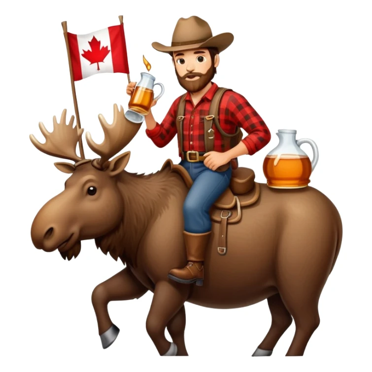Canadian lumberjack, drinking from a jug maple syrup, carrying a furling Canadian flag, and riding on a moose sticker