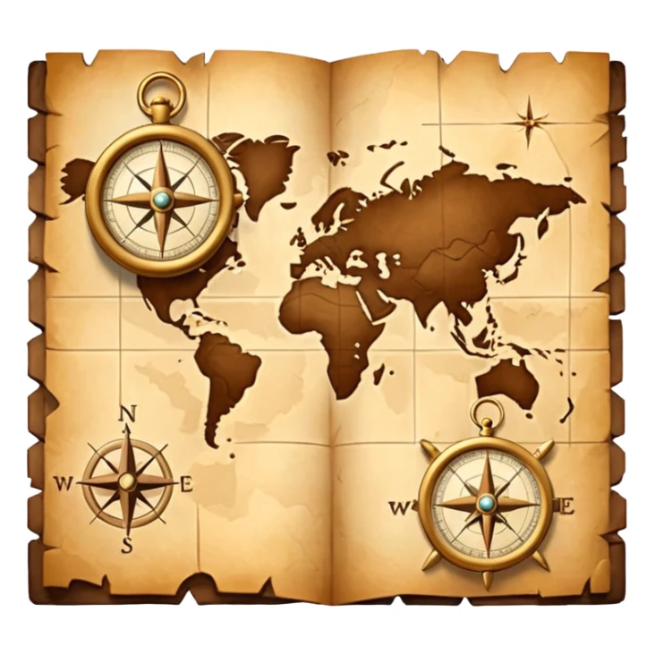3D Brown golden map with Travel compass pointing to adventure sticker