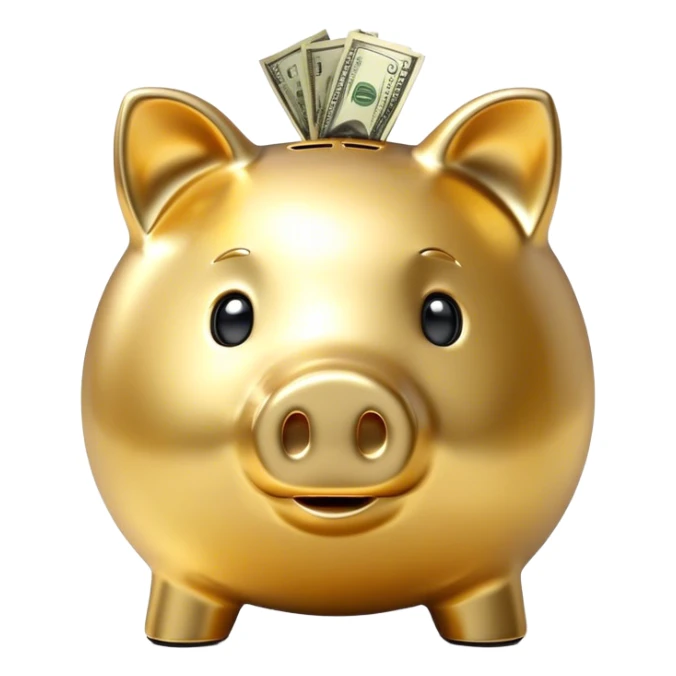 Piggy bank, golden, with money sticker