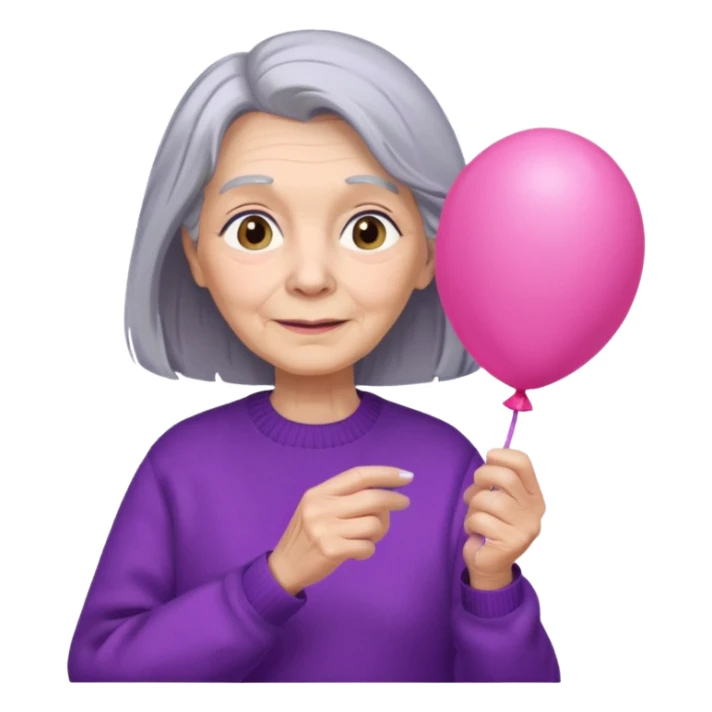 old lady, long grey hair, purple sweater, hold pink balloon sticker
