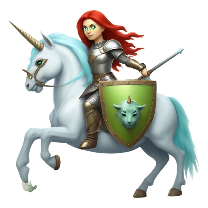 medieval shield: [politically incorrect, (
	{ female, alien, color: light green, hair:red, eyes:cat} ]
	on a 
	[{ unicorn: white, legged:four, mane: light blue }]) sticker
