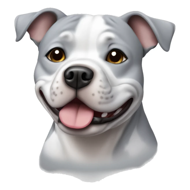 Standing Small grey Staffordshire bull terrier with a white j on his chest sticker