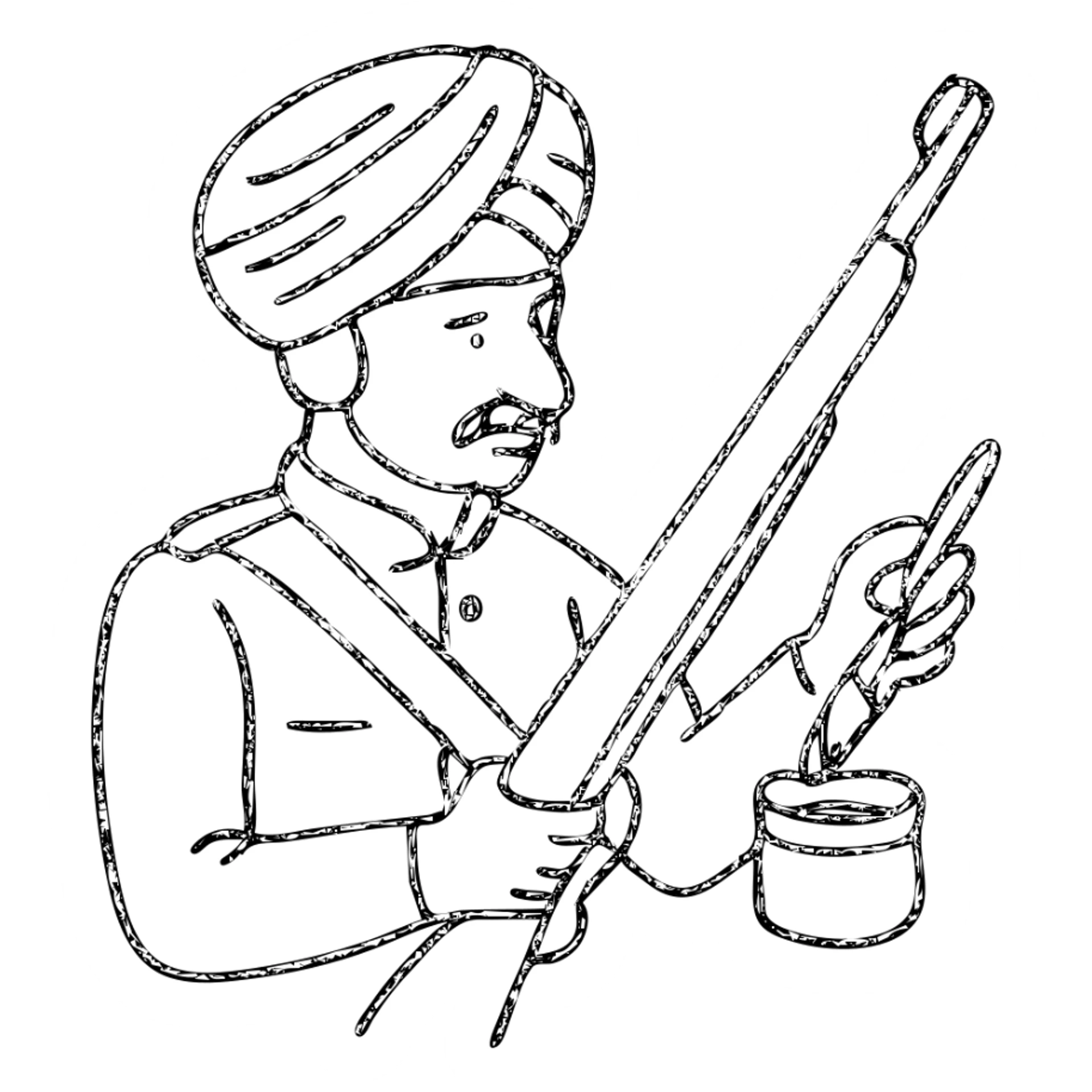 Indian soldier greasing a gun, hand drawn outlined icon sticker