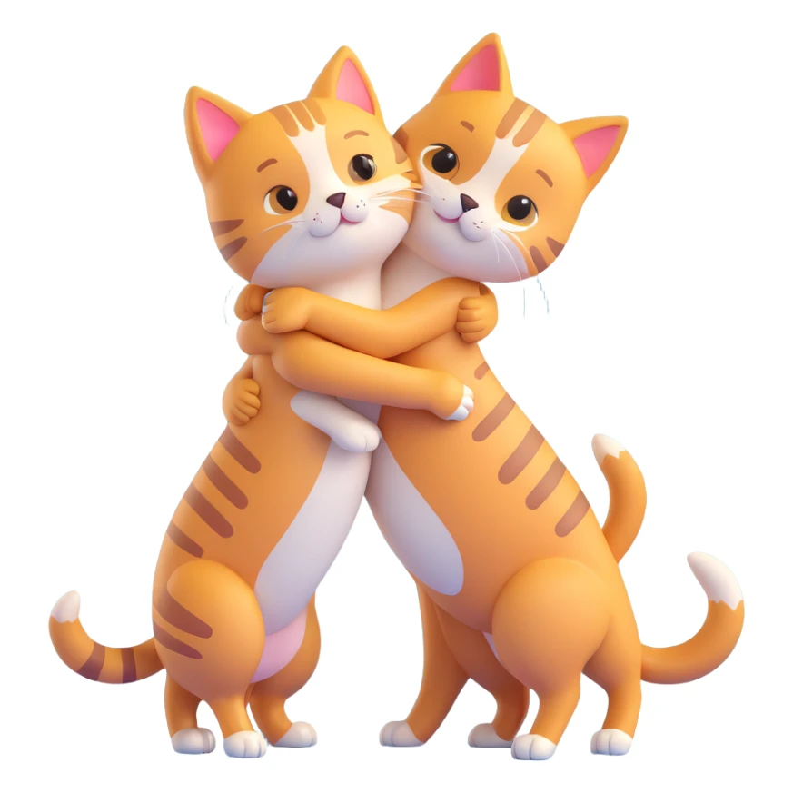 cute friendly cat hugging dog, both standing on hind legs, bright colors sticker