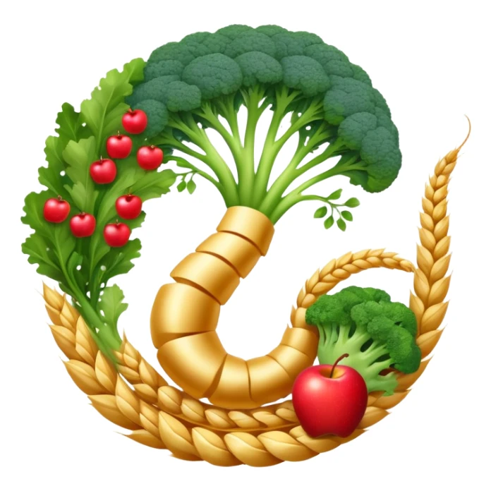 Golden wheat stalks, green leafy vegetables, bright apples, berries, broccoli, and tiny seeds surrounding a glowing spiral digestive system. Light sparkles flow through the intestines showing fiber's cleansing effect. sticker