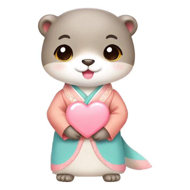 A cute and lovely otter dressed in pastel-colored traditional Korean hanbok, holding a coral-pink heart sticker