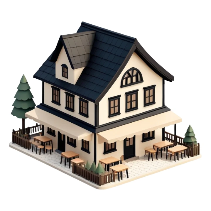 Isometric exterior little black, beige, and white mountain restaurant, dollhouse style 3D realistic  sticker
