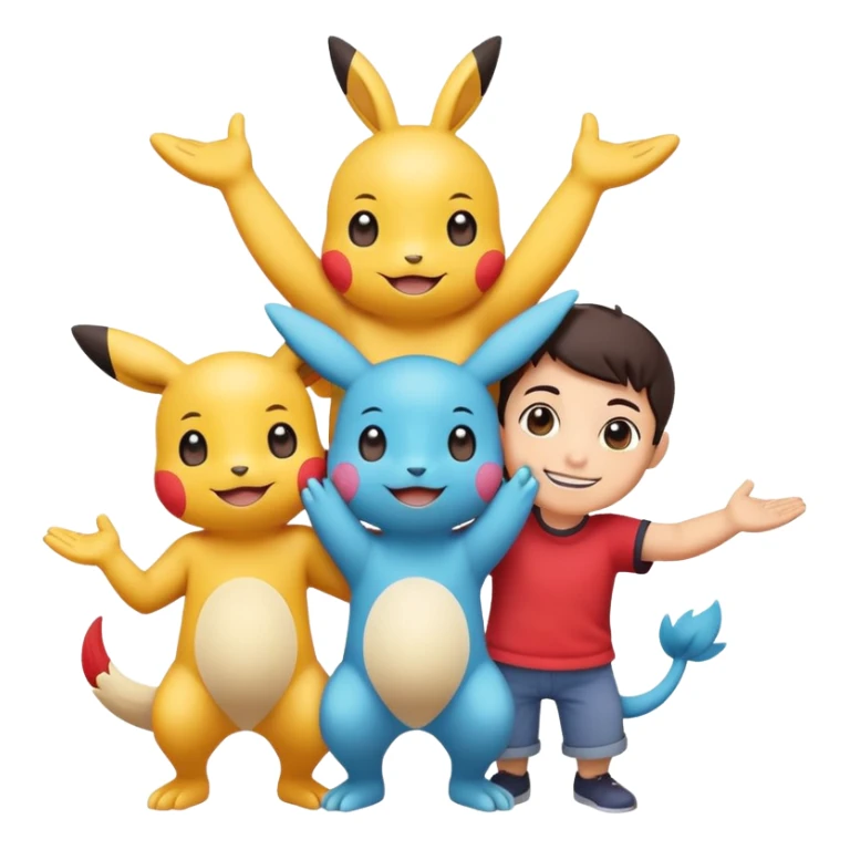 Three Pokémon characters working together as friends — bright, cheerful, and playful. They are helping each other: one is lifting another up, another is offering a hand, and they are all smiling. The style is colorful, cute, and cartoon-like, with a joyful background. sticker