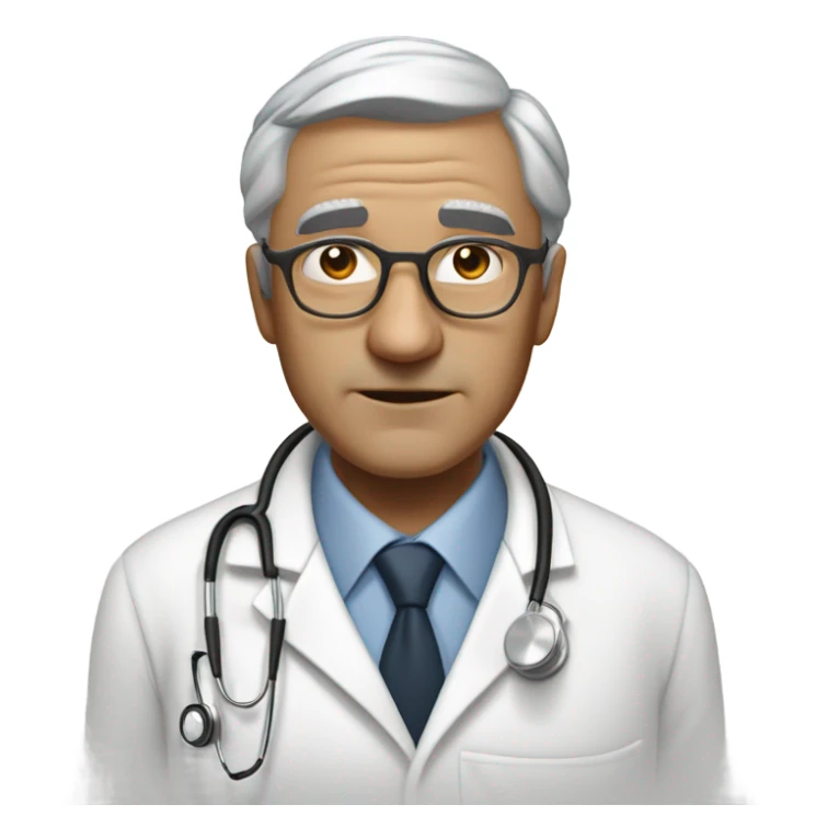 "An older man with thin, neatly combed gray hair, a sharp nose, and a cold, analytical look. He wears a pristine white coat, thin glasses, and carries a stethoscope or medical bag." sticker