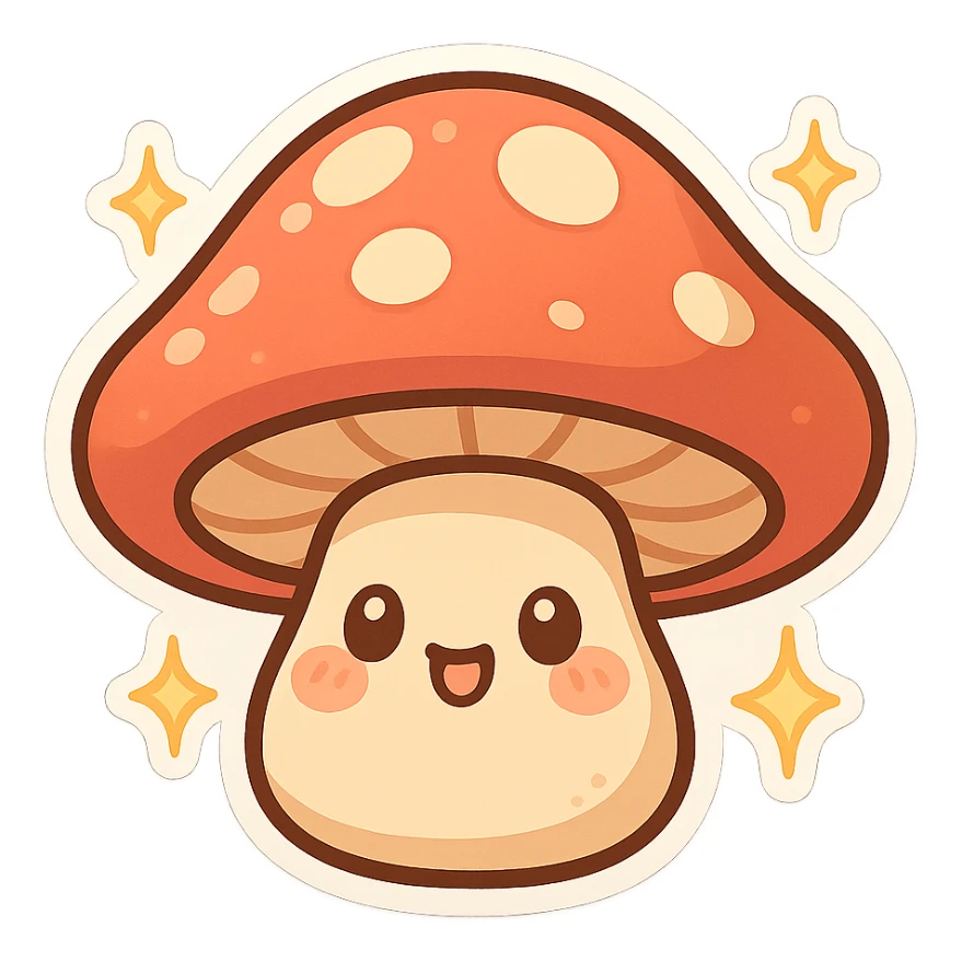 chibi sticker-style mushroom with sparkles, cute and exaggerated sticker