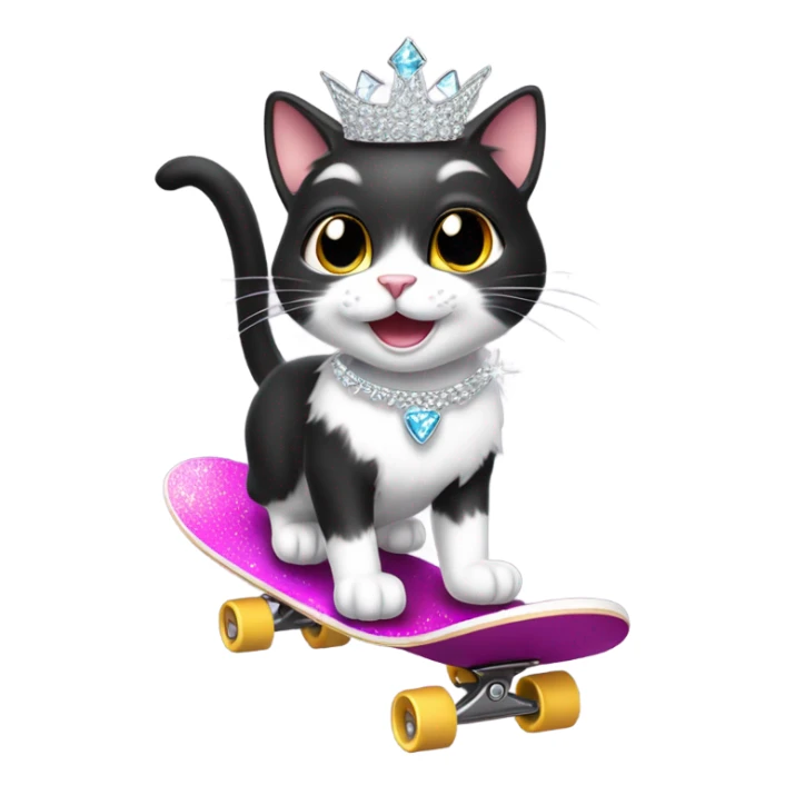 Grinning Black and white cat skateboarding wearng crystal tiara sticker