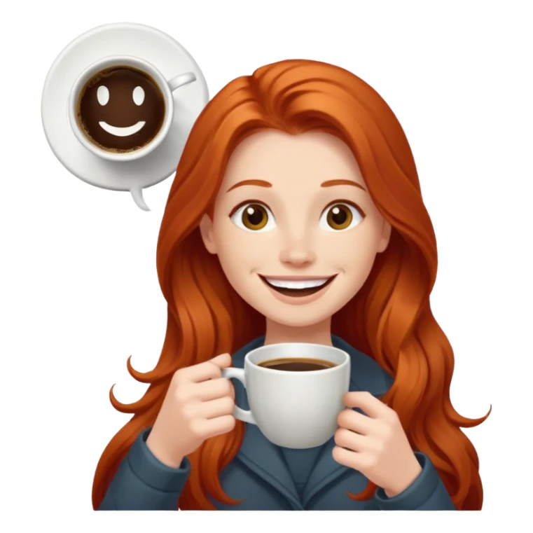 Excited long haired redhead drinking coffee with a sign in front saying GTSY sticker