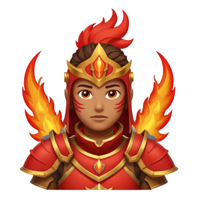 desert fire warrior portrait, head and shoulders only, red-gold armor collar, glowing fire accents, powerful gaze, fantasy desert vibe, 3D cartoon, mobile game icon style, clean background, no text, no watermark
 sticker