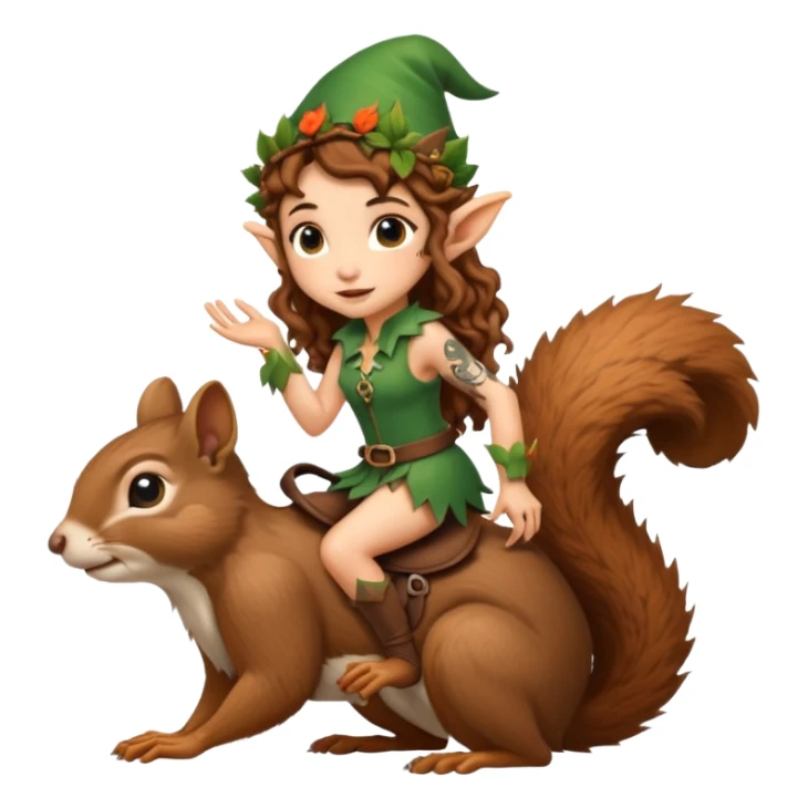 tiny forest elf long curly brown hair tattoos riding squirrel sticker