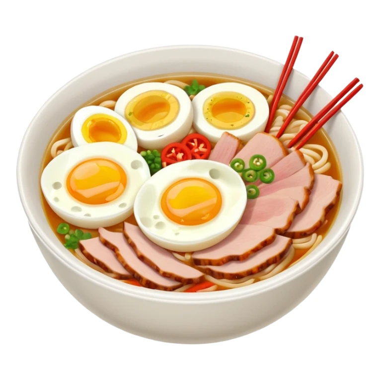 Create a realistic ramen bowl with broth, egg, pork slices & toppings. sticker