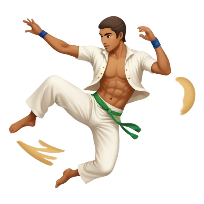 A Brazilian man as a capoeira fighter in mid-air performing a spinning kick, with Brazilian features, tan skin tone, wearing traditional white capoeira pants and a cord, vibrant and flowing pose, surrounded by motion swirls sticker