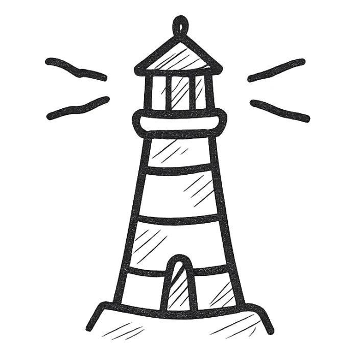 Lighthouse icon, simple and clean, black and white, minimalist design, hand drawn style, no additional details sticker