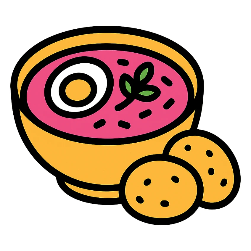 pink soup with egg and greens inside, boiled potatoes by its side, clean illustrative style sticker