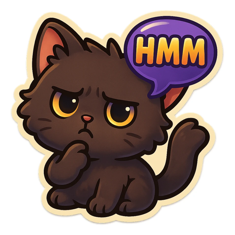 a dark-brown fluffy cute kawaii anime cat thinking frowning thoughtfully, saying “hmm” with a purple speech bubble sticker