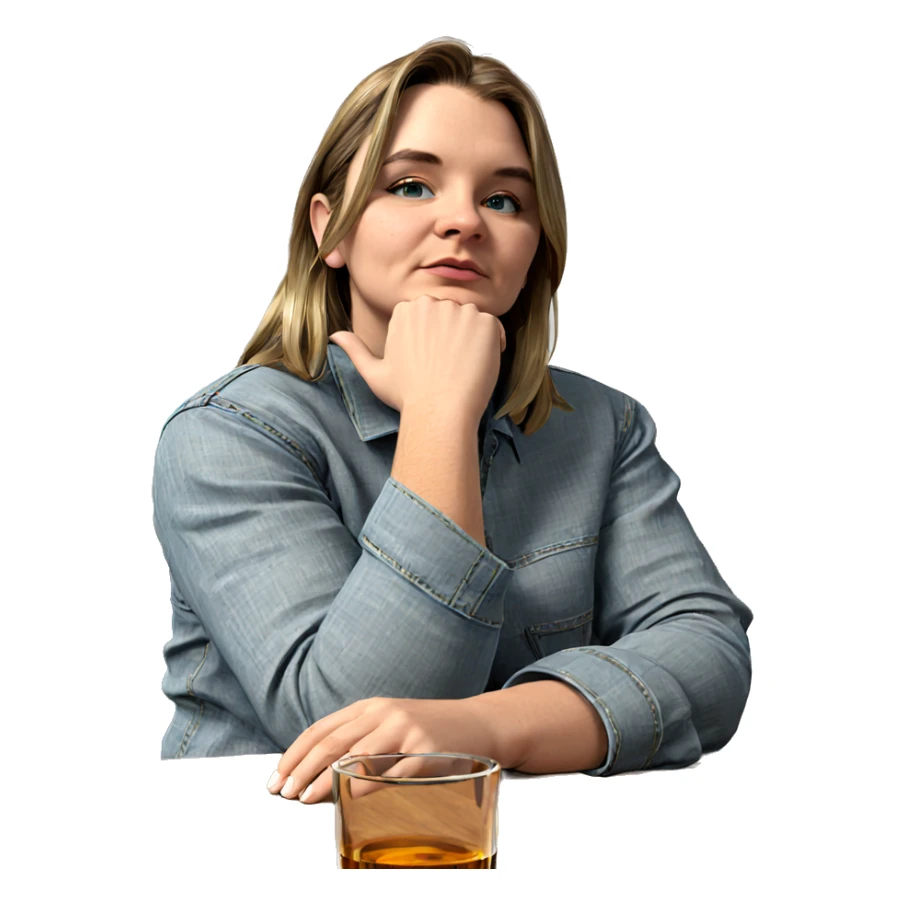 thoughtful girl with whiskey sticker