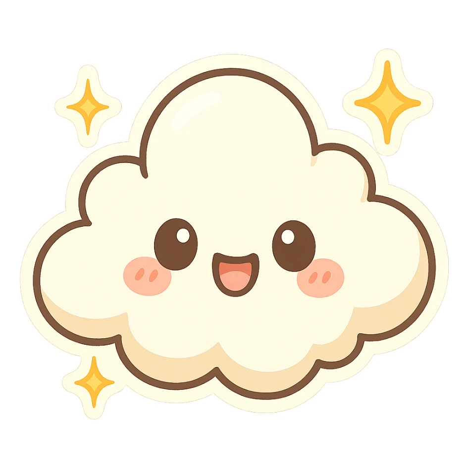 chibi sticker-style cloud with sparkles, cute and exaggerated sticker