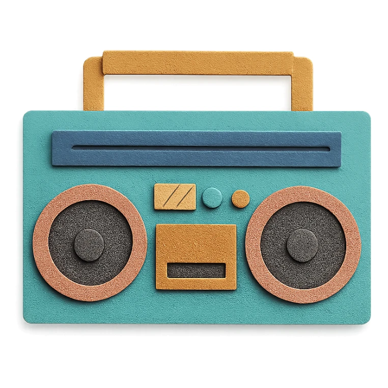 retro boombox with visible paper textures, front view, paper-craft style sticker