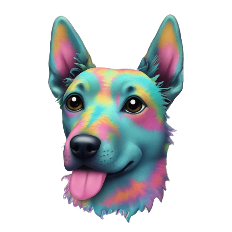 Multicolored rainbow retro groovy tie dye hippie trippy floral patterns on a metallic holographic iridescent blue dog face head unicorn sticker