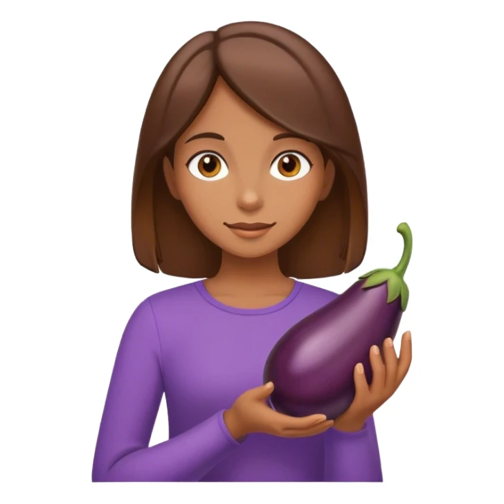 Eager brown hair girl hold eggplant sticker