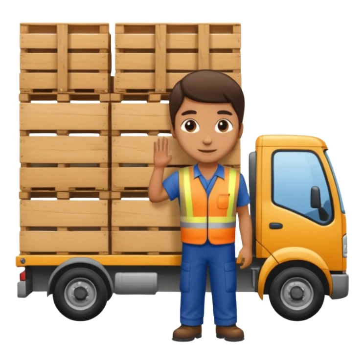 Worker with pallet in truck, import. sticker