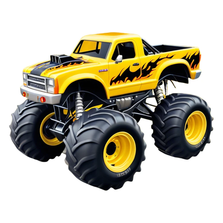 Maximum Destruction - Monster Jam (Model Year: 2021) (Iconic colour: Yellow with black flames) - A ferocious monster truck featuring a vivid yellow base accented by dramatic black flame patterns. Emphasize sharp, high-contrast flame streaks across the body, creating a look of aggressive, explosive energy. sticker