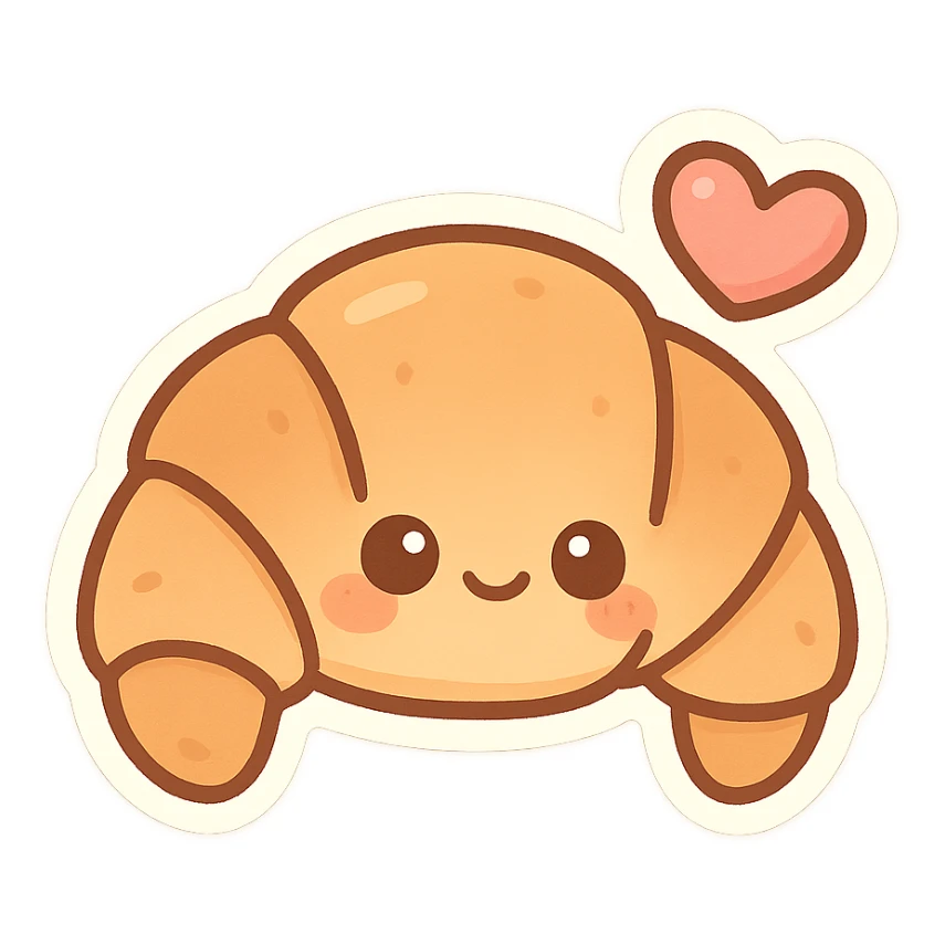 chibi sticker-style croissant with a heart, cute and exaggerated sticker