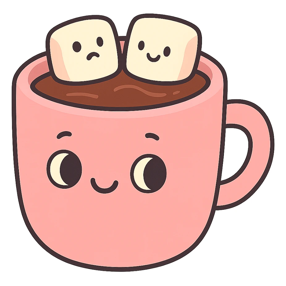 hot chocolate in a pink cup, soft pastel tones, minimal sticker