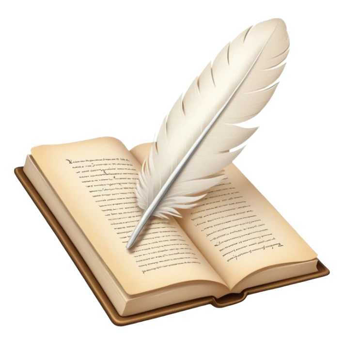 Create a poetic and elegant emoji representing poetry. The design should feature several, gracefully flying pages with short, poetic columns written on them. A white feather quill should be depicted writing on one of the pages, with ink flowing smoothly. The pages should have a soft, antique look, with subtle details to convey the delicate nature of poetry. Use soft, light colors with a romantic, airy feel. Make the background transparent. sticker