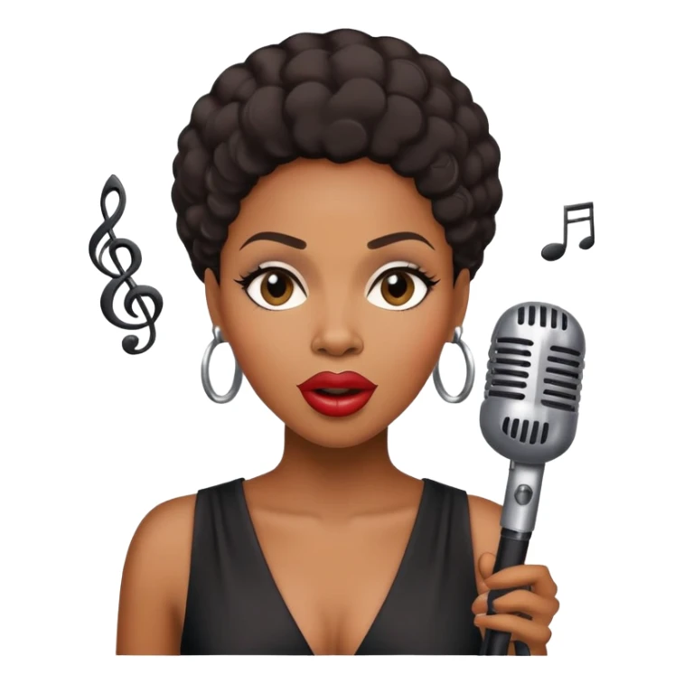 Black female jazz singer with a microphone, expressive face, musical notes sticker