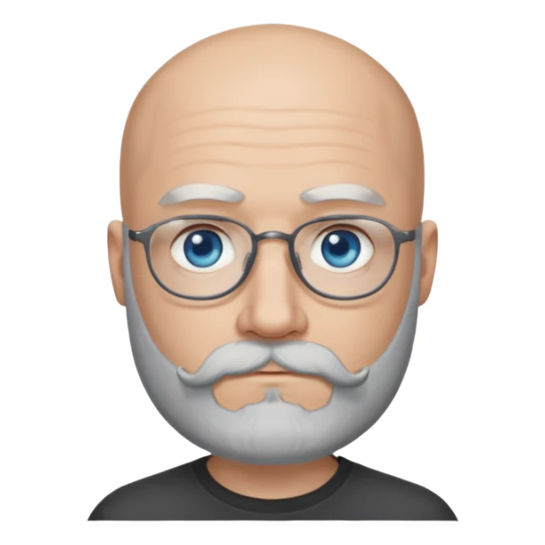Bald man with blue eyes grey beard and moustache. Hipster. No glasses. Black T-shirt  sticker
