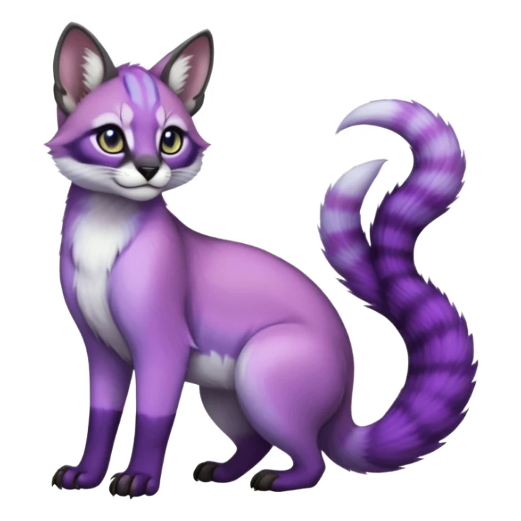 Colorful dark tropical pastel-lilac-lavender-violet iridescent pastel white glorious divine exotic cute cool beautiful shiny beautiful fantasy-caracal-civet-genet-sergal-vernid-Cacomistle-oncilla-animal-Fakémon-hybrid-fursona (full body) sticker