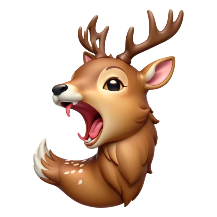 Cinematic Cute Yawning Deer Portrait Emoji, Head tilted slightly with a dramatic, wide-open yawn, revealing a soft, dappled coat and elegantly drooping ears, eyes barely open in drowsy contentment, Simplified yet irresistibly adorable features, highly detailed, glowing with a soft, cozy glow, high shine, relaxed yet expressive, stylized with a touch of natural whimsy, bright and endearing, soft glowing outline, capturing the essence of a sleepy yet affectionate deer, so drowsy it feels like it could stretch right out of the screen and curl up for a nap! sticker