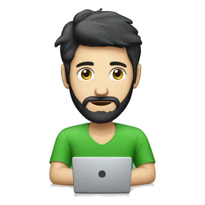 white guy with black hair thin face with beard typing in laptop wearing green t-shirt working in call center sticker