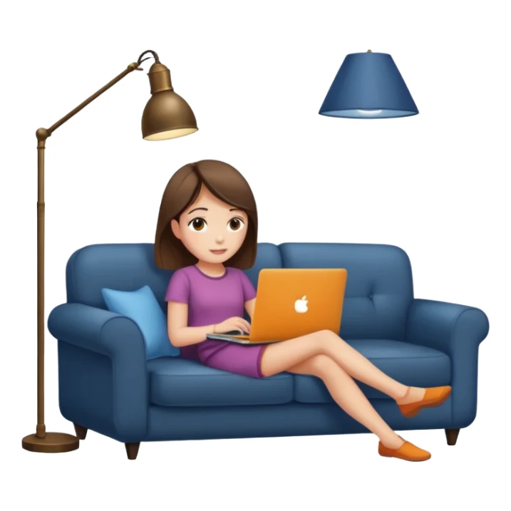 A girl is working with a laptop while lying on a sofa, with a floor lamp to the right. sticker