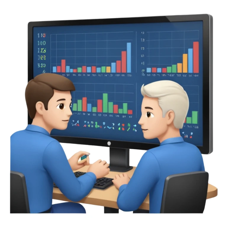teaching somebody else in person, in the same place, watching the same monitor together, the trainee and trainer are in the similar age, two both are men, the monitor should be showing some data graphs  sticker