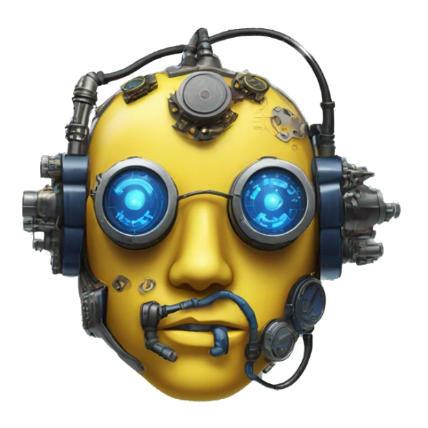 Yellow cyborg head with dark blue steampunk goggles and circuitry sticker