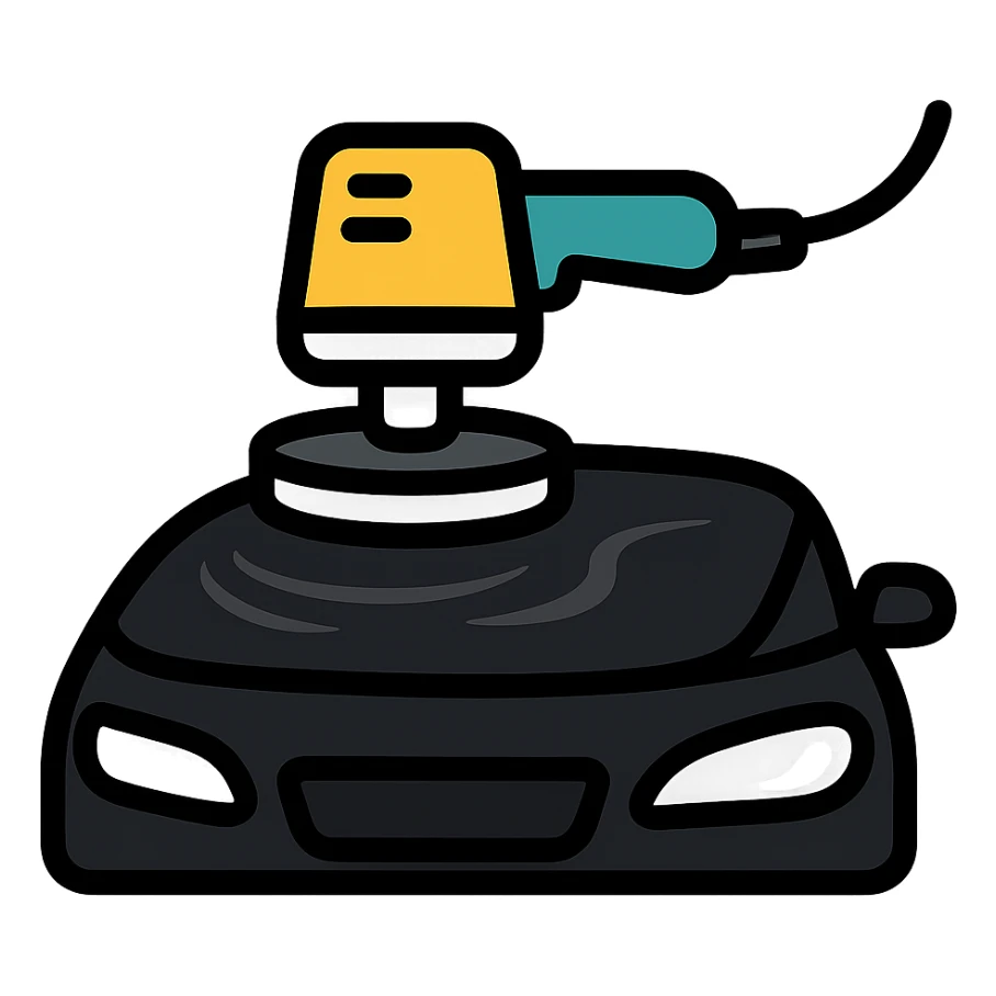 polishing machine icon on the surface of a glossy black car hood with reflection, main color black, metallic silver details, soft waves of shine around the polished area, modern and clean style, no text sticker